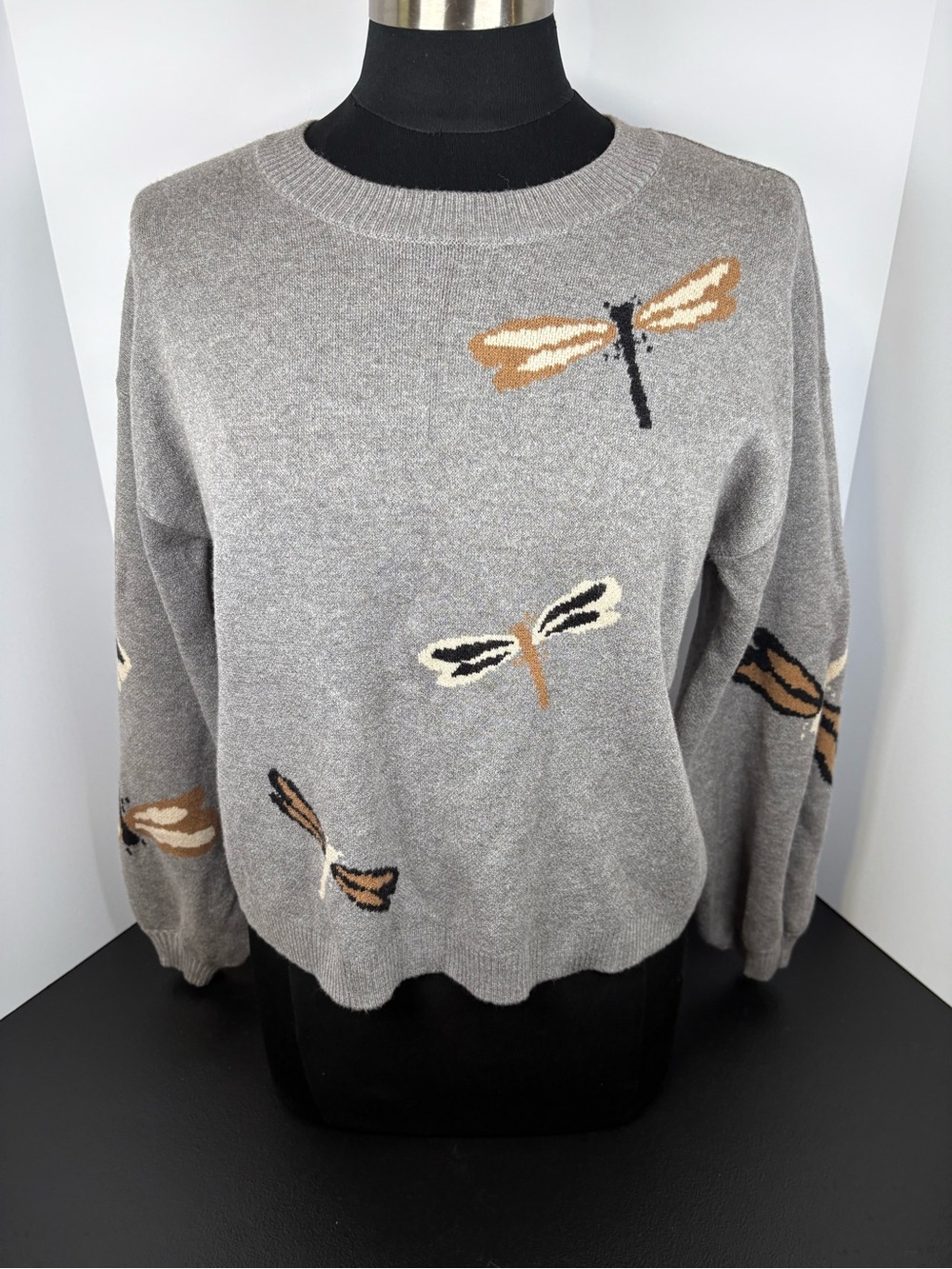 Ellen Tracy Gray Dragonfly Intarsia Crewneck Sweater